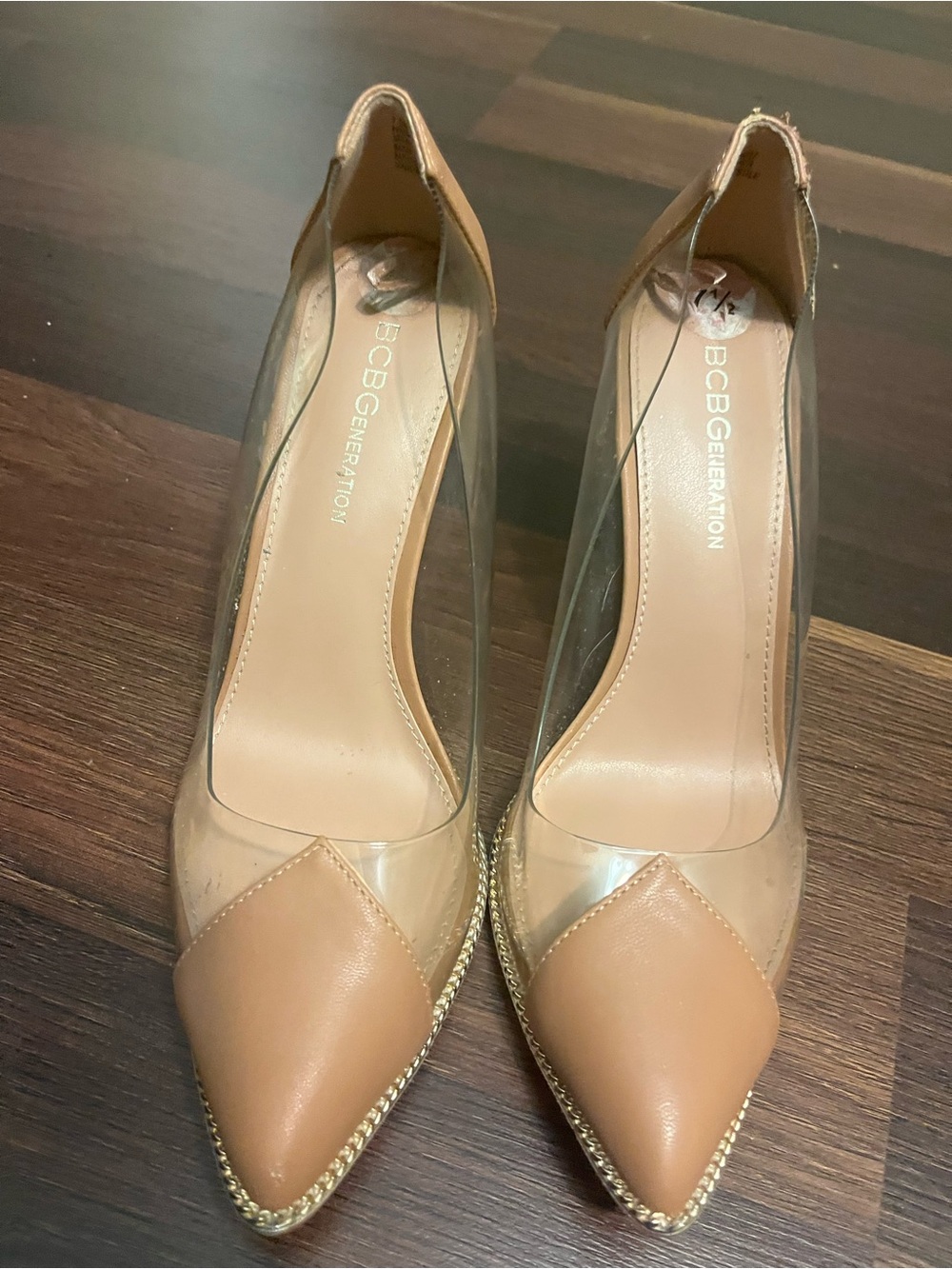 BCBGeneration Clear Panel Tan Pointed Pumps with Gold Trim